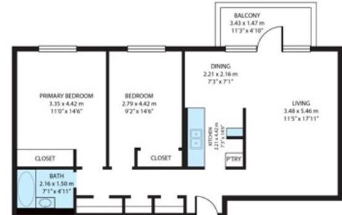 A floor plan of a house with a primary bedroom, a bedroom, a dining area, a bathroom, a balcony, a living room, and a pantry.
